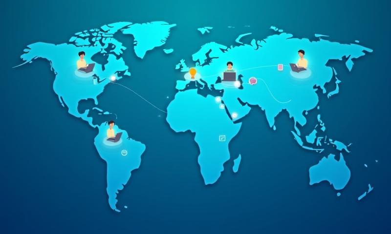 Illustration depicting global team members working on connected platforms across different time zones