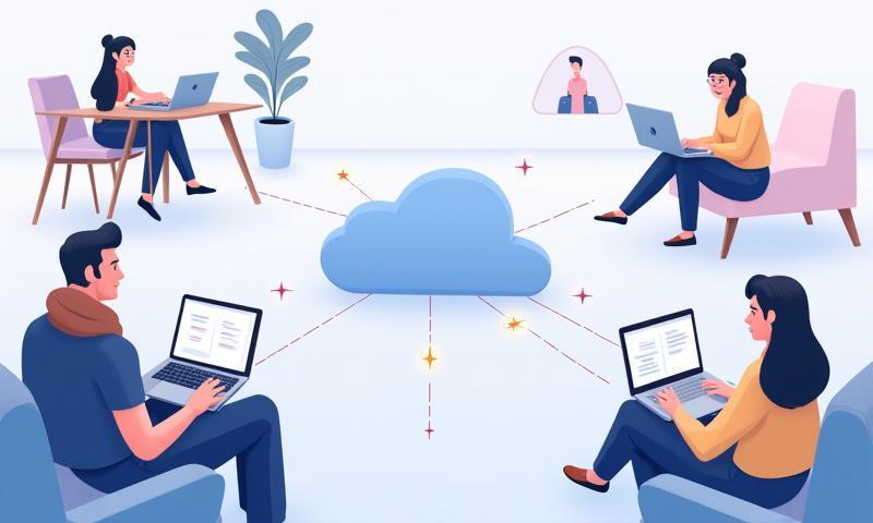 Illustration showing a remote team working seamlessly with connected devices