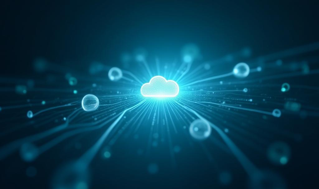Abstract visualization of data streams connecting devices and people around a cloud core